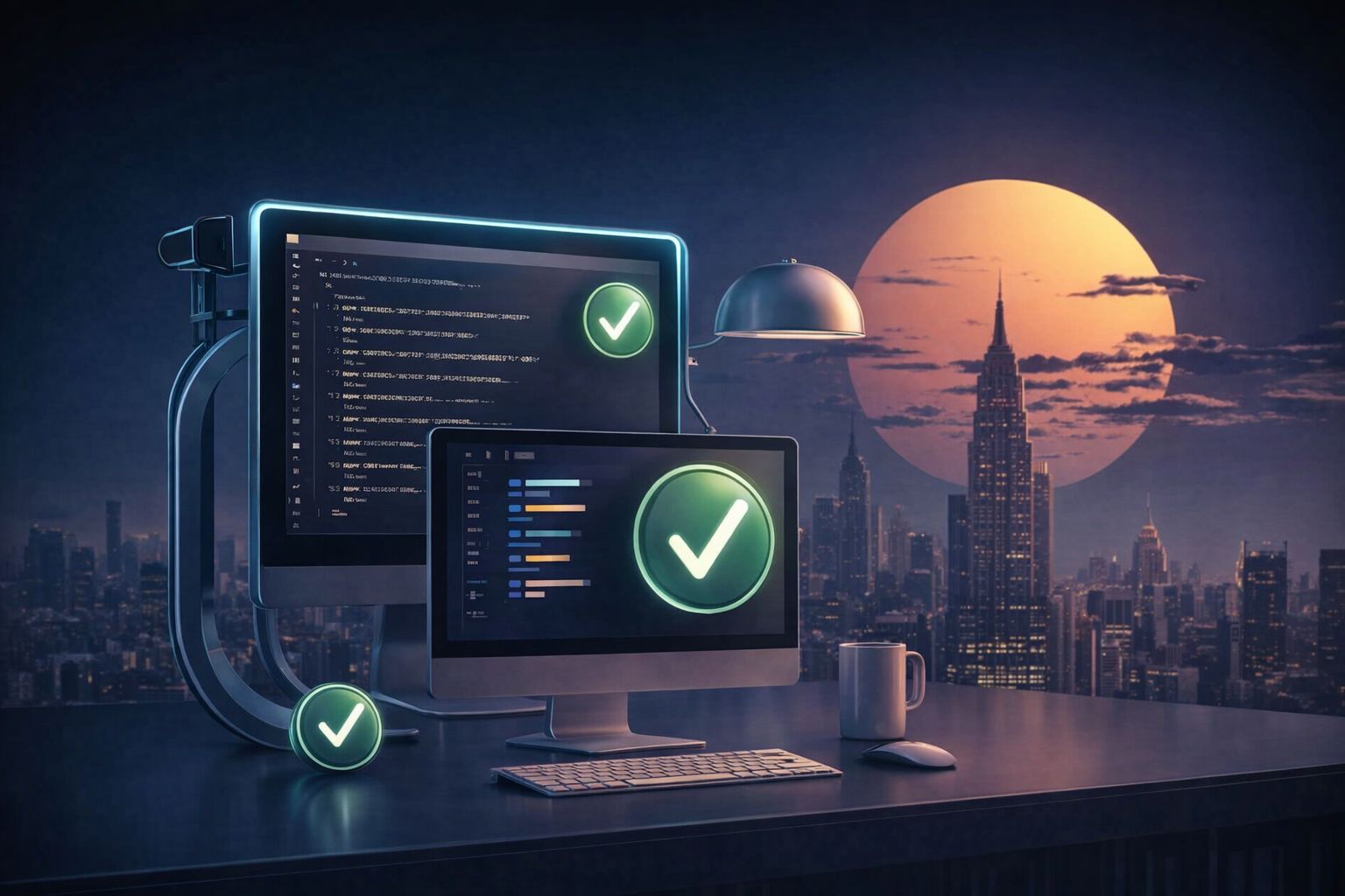 Datorskärmar med gröna bockar framför en stad i solnedgång.